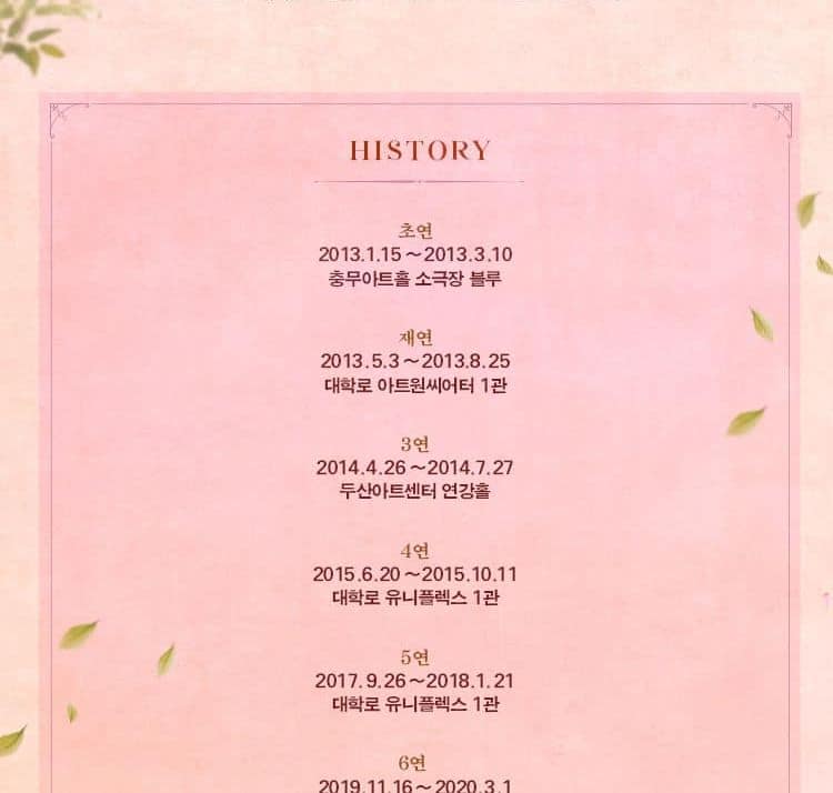 뮤지컬 여신님이 보고 계셔 공식 소개 이미지(KOPIS 등록 2024-25 시즌 자료)의 역대 공연 연혁 부분